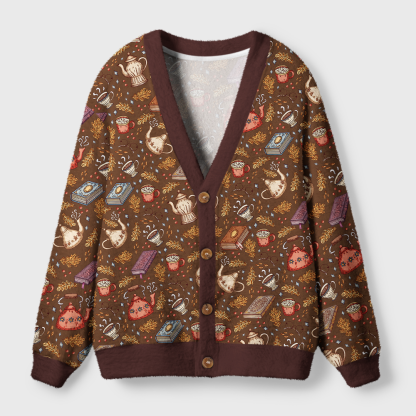 Pagewings Cozy Books And Tea Light Knit Unisex Cardigan Sweaters