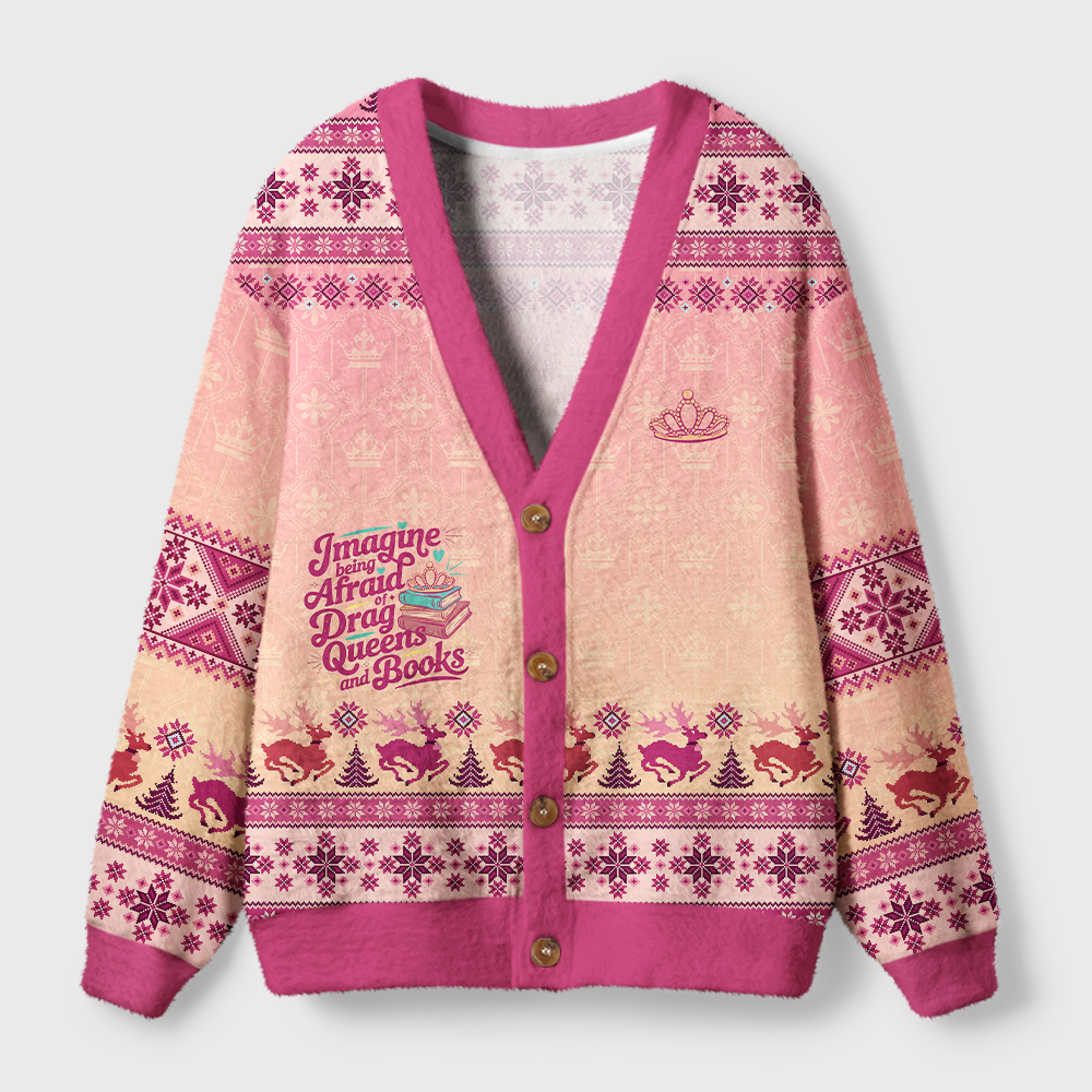 Pagewings Imagine Being Afraid Of Drag Queens And Books Light Knit Unisex Cardigan Sweaters