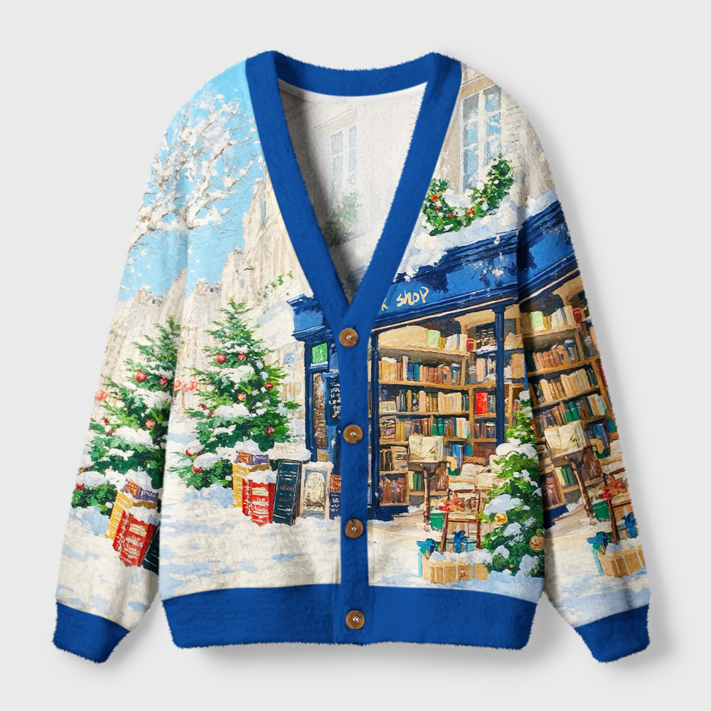 Pagewings Winter Bookshop Light Knit Unisex Cardigan Sweaters