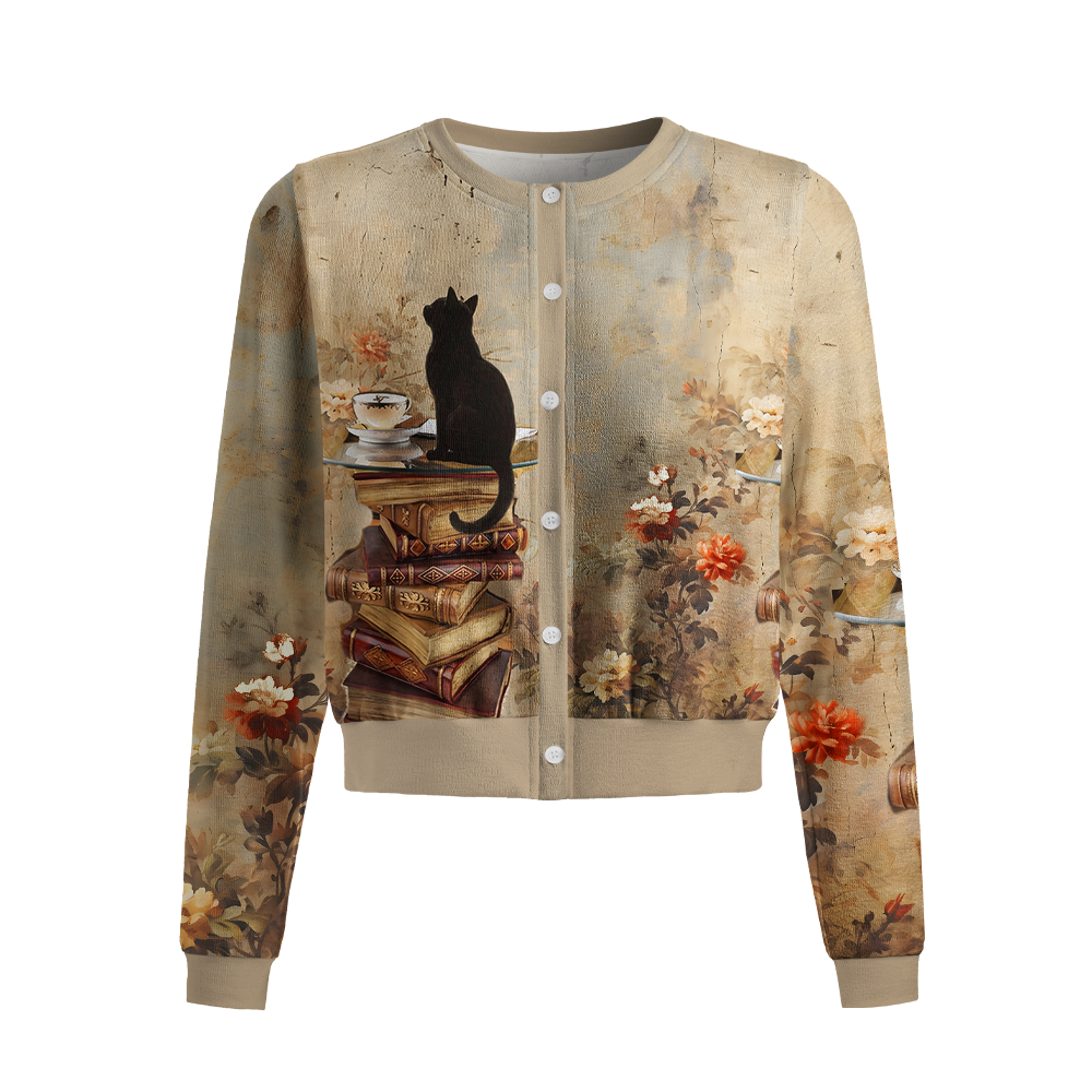 Pagewings Cat Book Lover Crew Neck Cardigan Sweaters