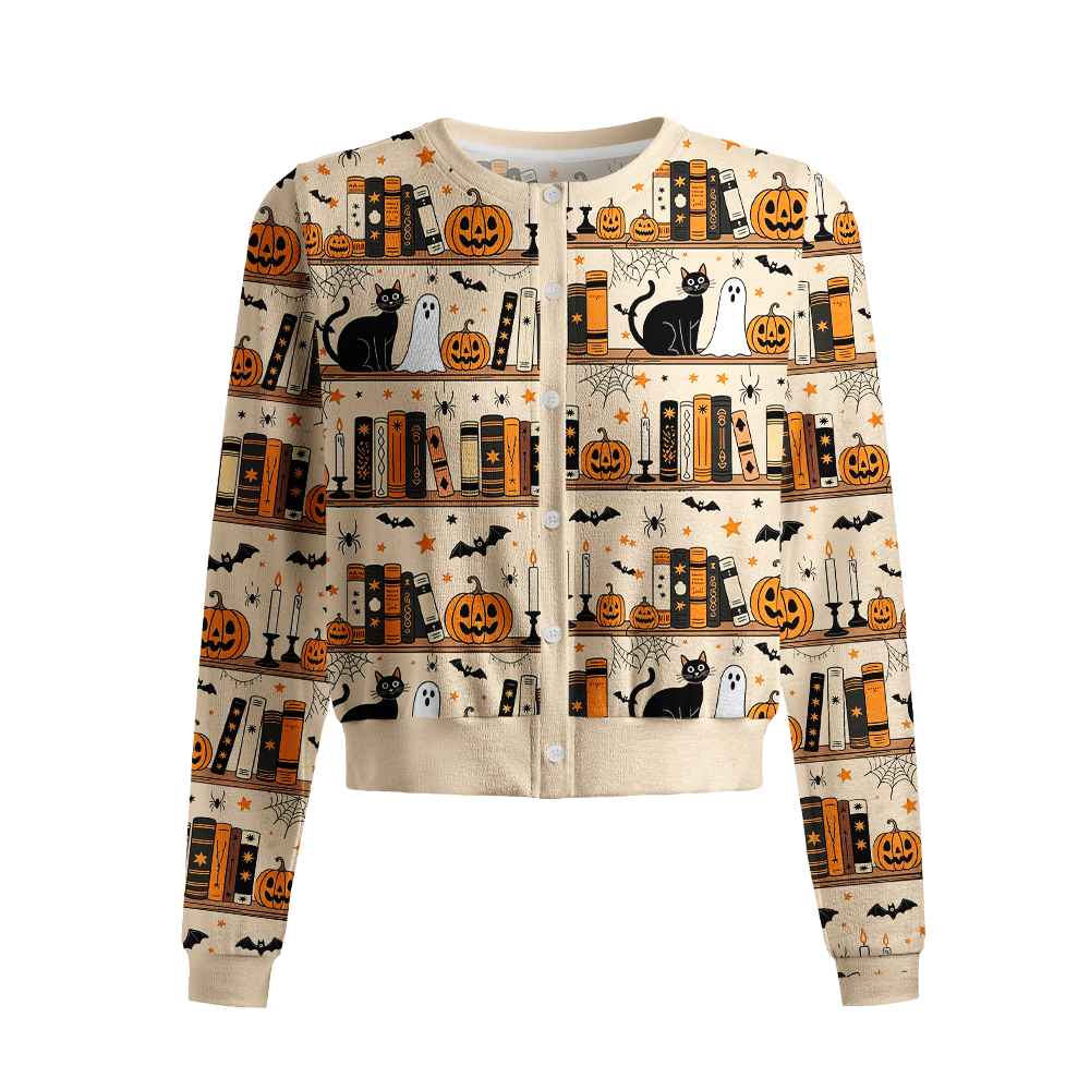 Pagewings Halloween Bookish Crew Neck Cardigan Sweaters