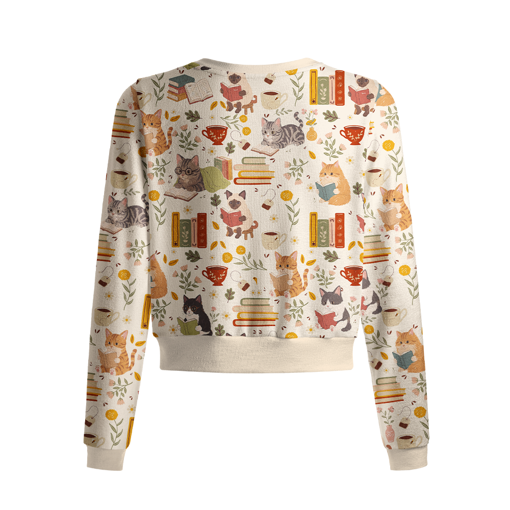 Pagewings Reading Cat Crew Neck Cardigan Sweaters