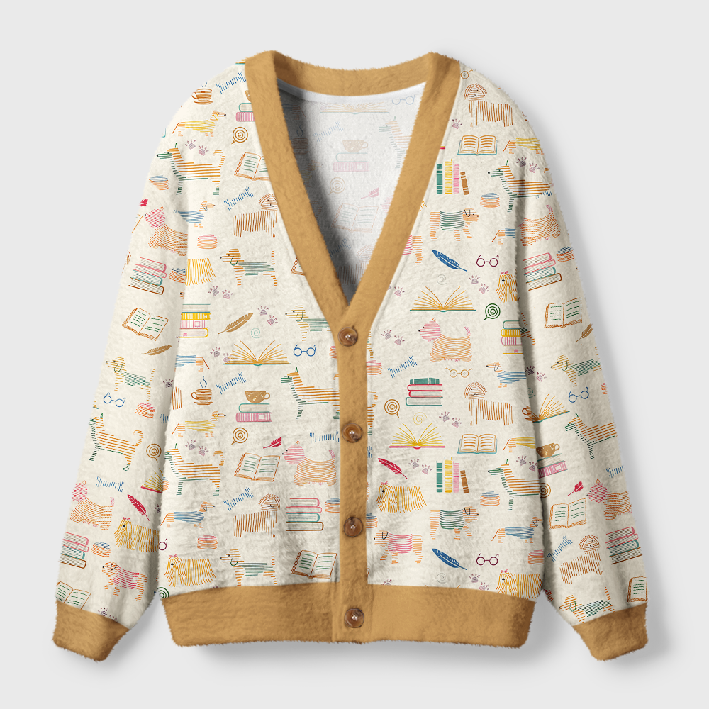 Pagewings Dog Book Lover Light Knit Unisex Cardigan Sweaters