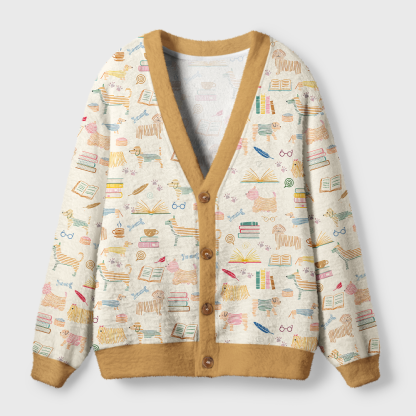 Pagewings Dog Book Lover Light Knit Unisex Cardigan Sweaters