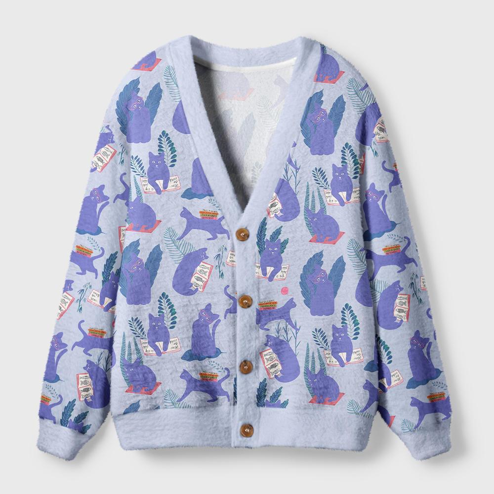 Pagewings Cat Book Lover Light Knit Unisex Cardigan Sweaters