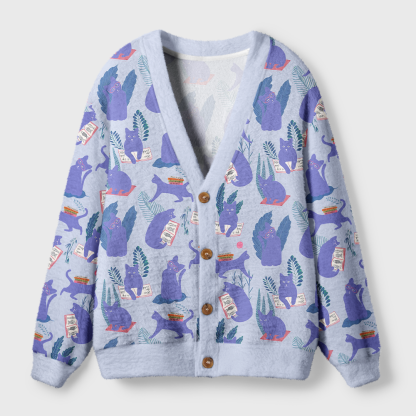 Pagewings Cat Book Lover Light Knit Unisex Cardigan Sweaters