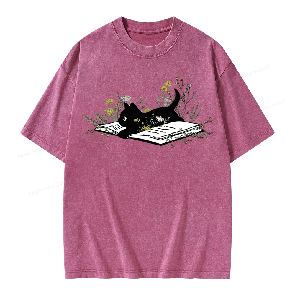 Pagewings Cute Book Cat Unisex Washed T-shirt