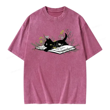 Pagewings Cute Book Cat Unisex Washed T-shirt