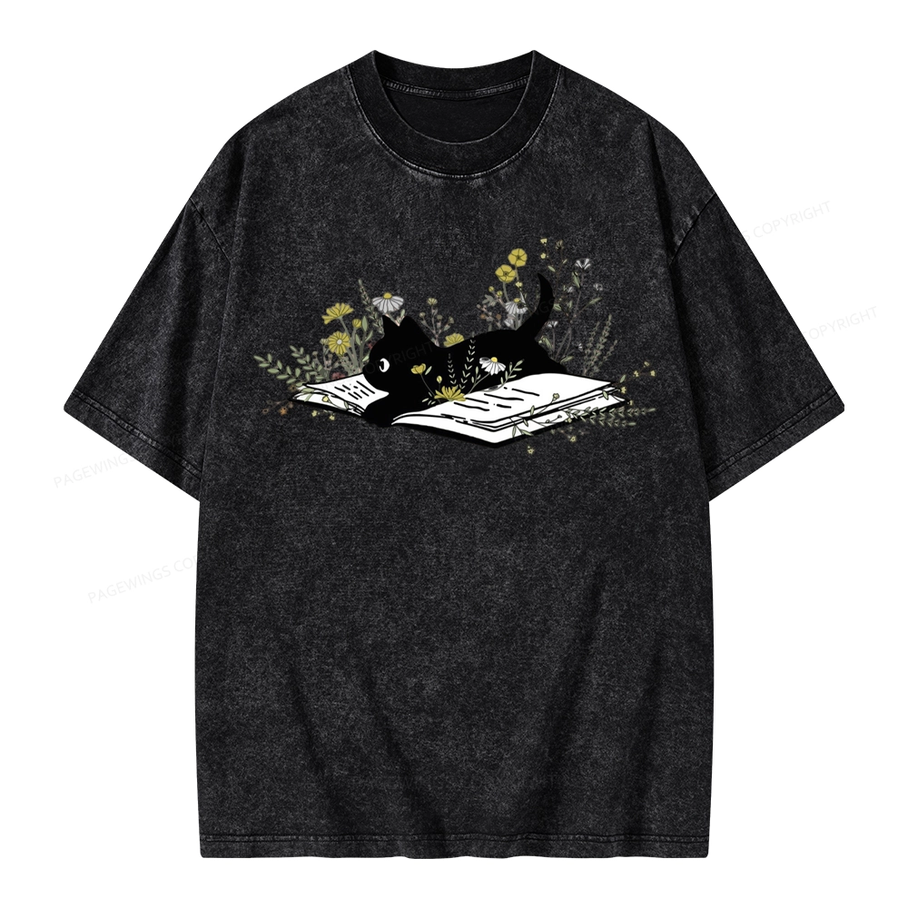 Pagewings Cute Book Cat Unisex Washed T-shirt