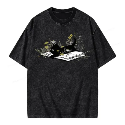 Pagewings Cute Book Cat Unisex Washed T-shirt