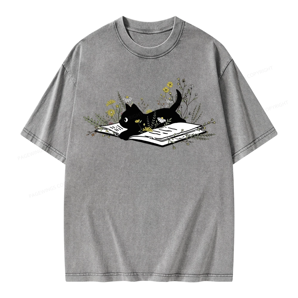 Pagewings Cute Book Cat Unisex Washed T-shirt
