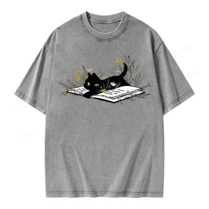 Pagewings Cute Book Cat Unisex Washed T-shirt