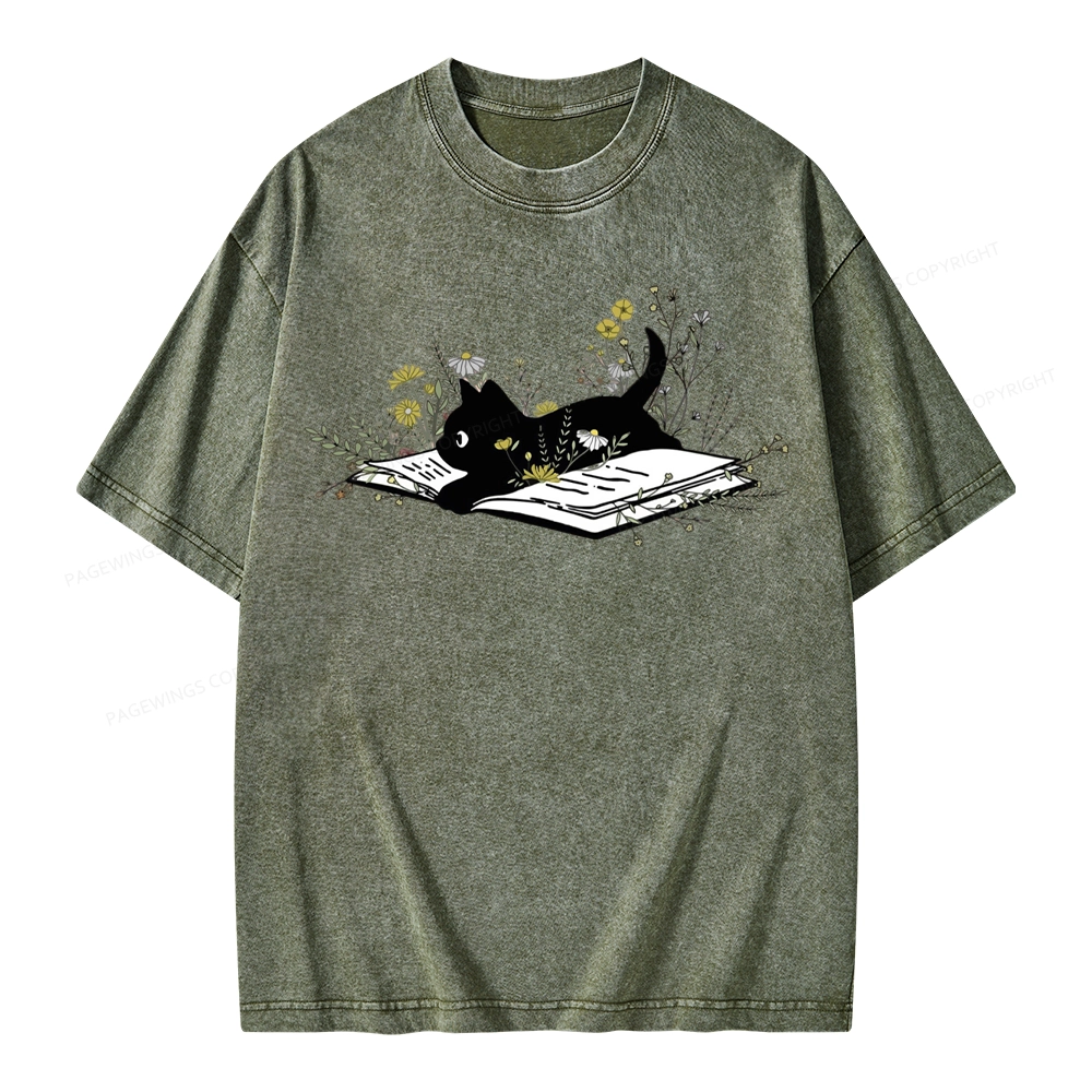 Pagewings Cute Book Cat Unisex Washed T-shirt