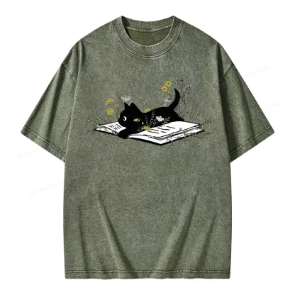 Pagewings Cute Book Cat Unisex Washed T-shirt