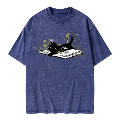 Pagewings Cute Book Cat Unisex Washed T-shirt