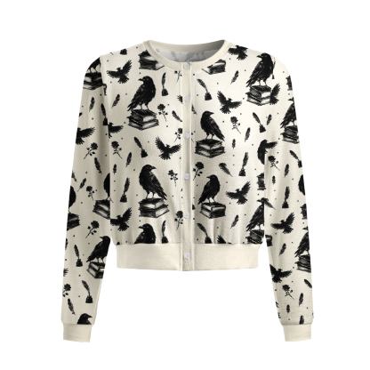 Pagewings Reading Crow Crew Neck Cardigan Sweaters