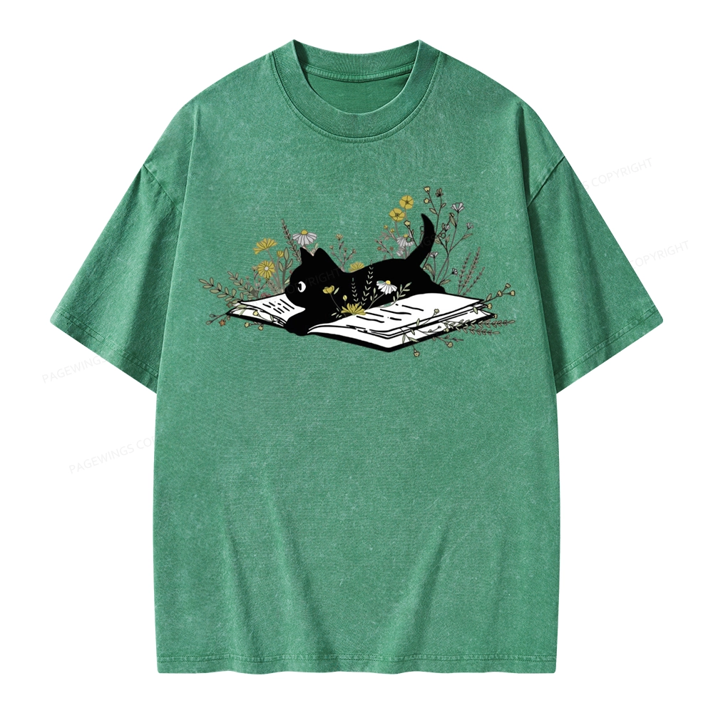 Pagewings Cute Book Cat Unisex Washed T-shirt
