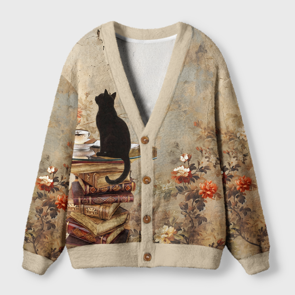 Pagewings Cat Book Lover Light Knit Unisex Cardigan Sweaters