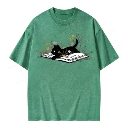 Pagewings Cute Book Cat Unisex Washed T-shirt