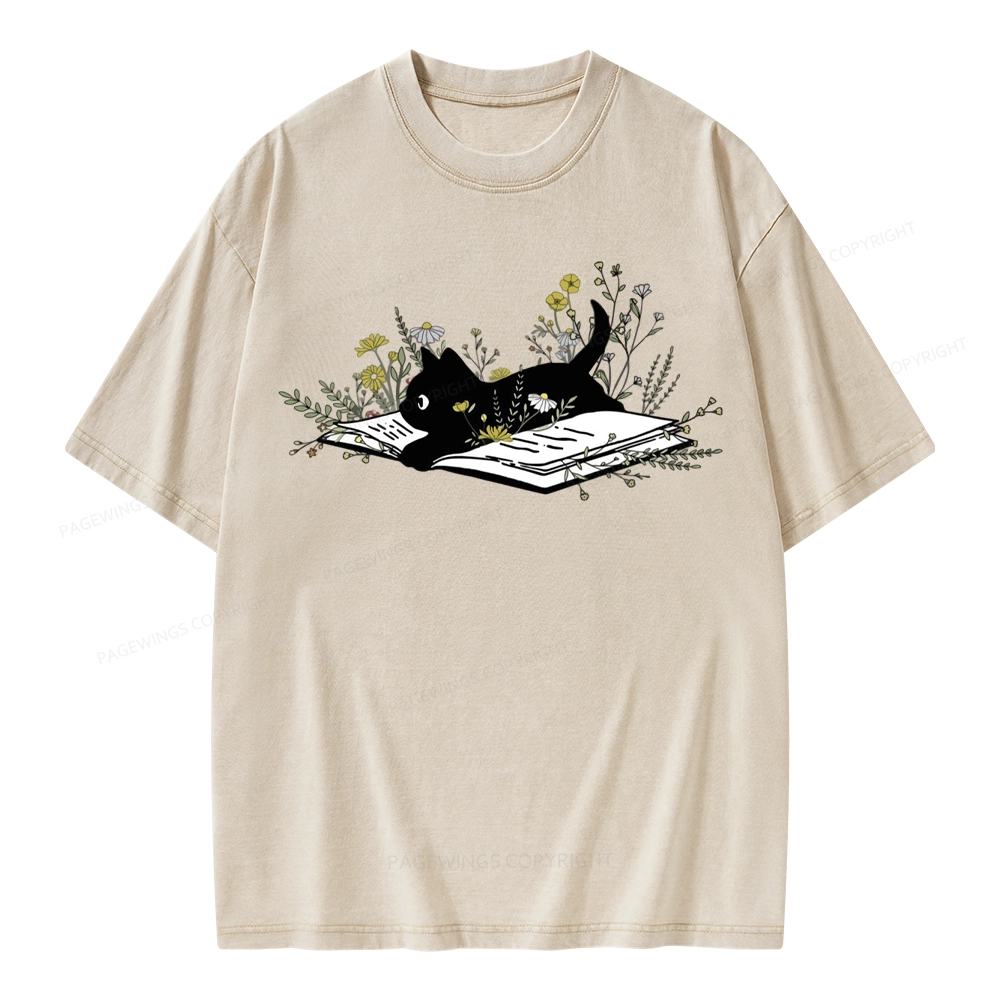 Pagewings Cute Book Cat Unisex Washed T-shirt