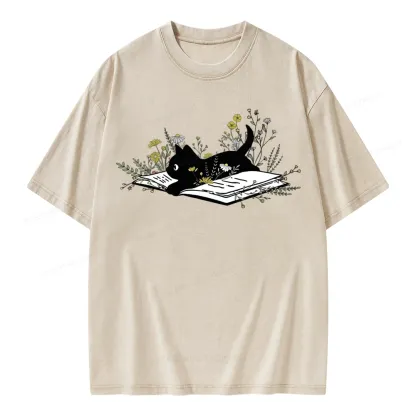 Pagewings Cute Book Cat Unisex Washed T-shirt