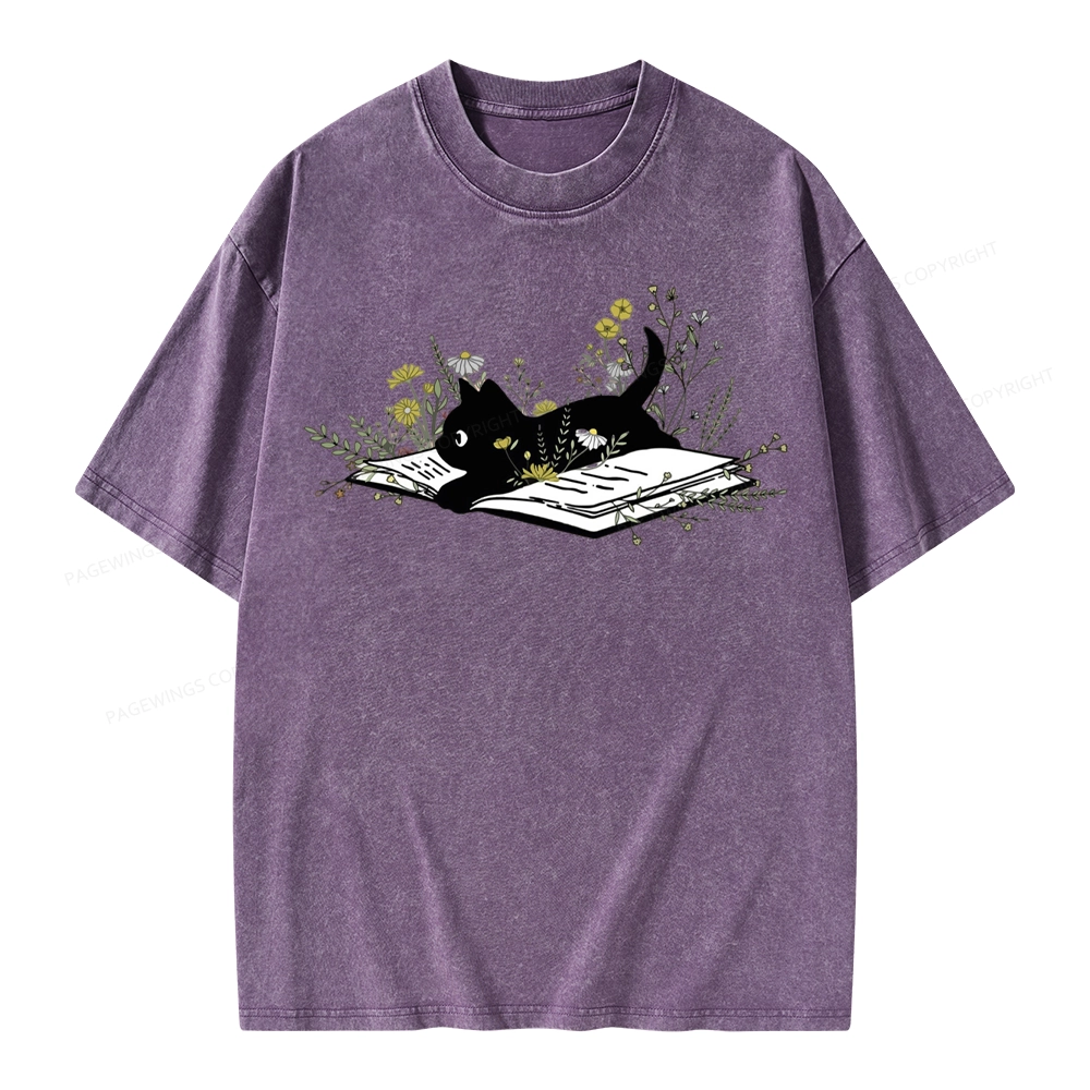 Pagewings Cute Book Cat Unisex Washed T-shirt