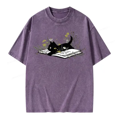 Pagewings Cute Book Cat Unisex Washed T-shirt