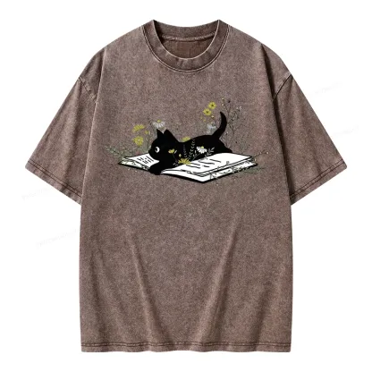Pagewings Cute Book Cat Unisex Washed T-shirt