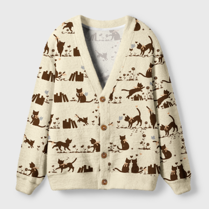 Pagewings Cat Book Lover Light Knit Unisex Cardigan Sweaters