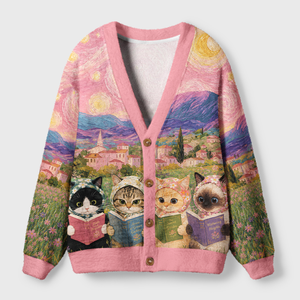 Pagewings Cat Book Lover Light Knit Unisex Cardigan Sweaters