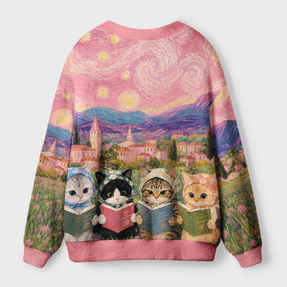 Pagewings Cat Book Lover Light Knit Unisex Cardigan Sweaters