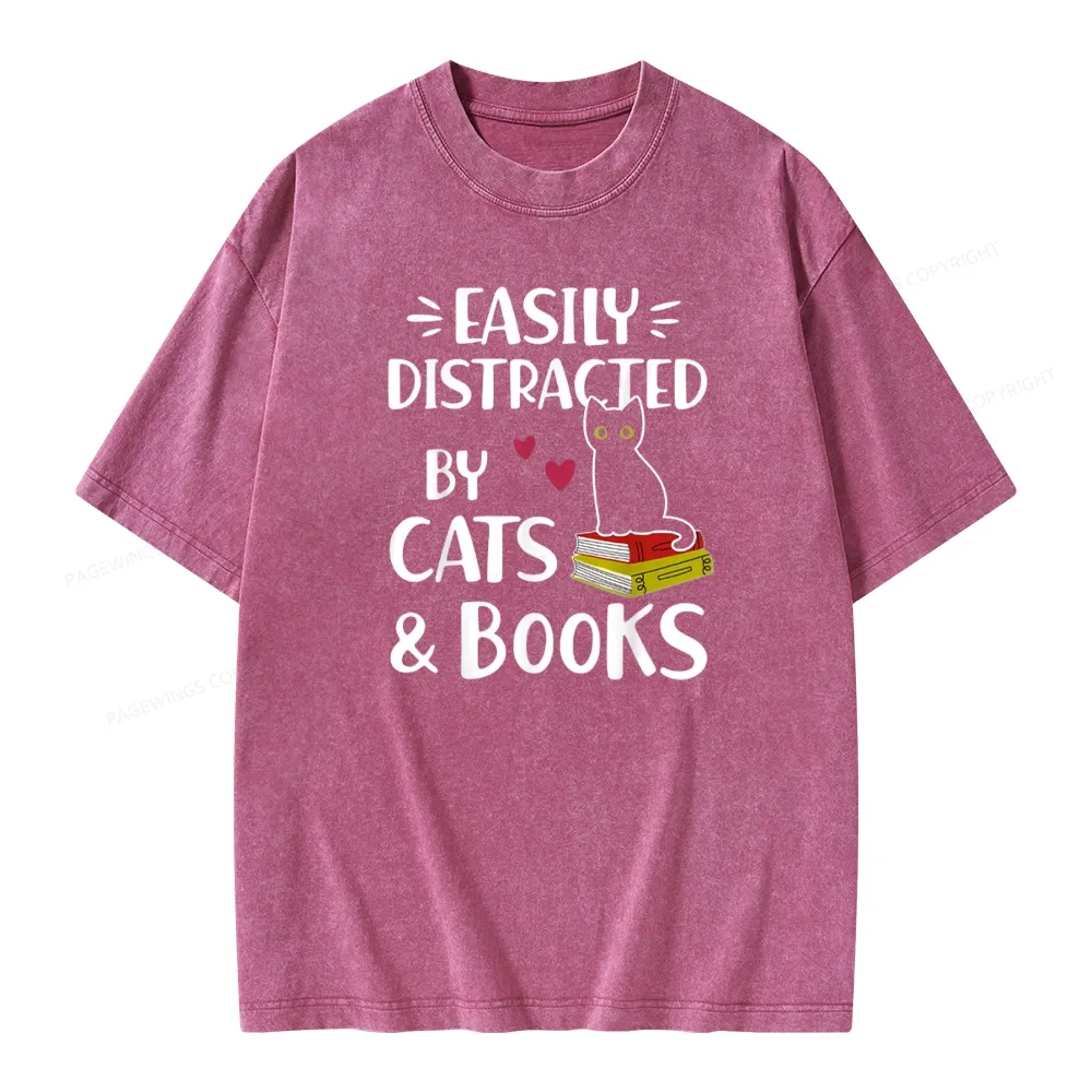 Pagewings Easily Distracted By Cats And Books Unisex Washed T-shirt