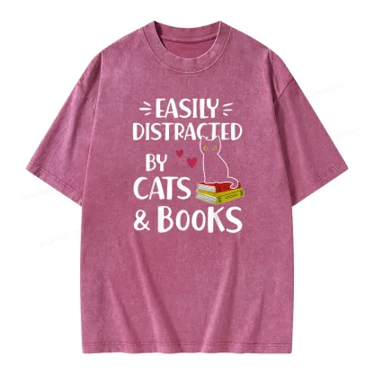 Pagewings Easily Distracted By Cats And Books Unisex Washed T-shirt