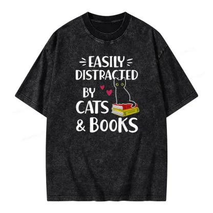 Pagewings Easily Distracted By Cats And Books Unisex Washed T-shirt