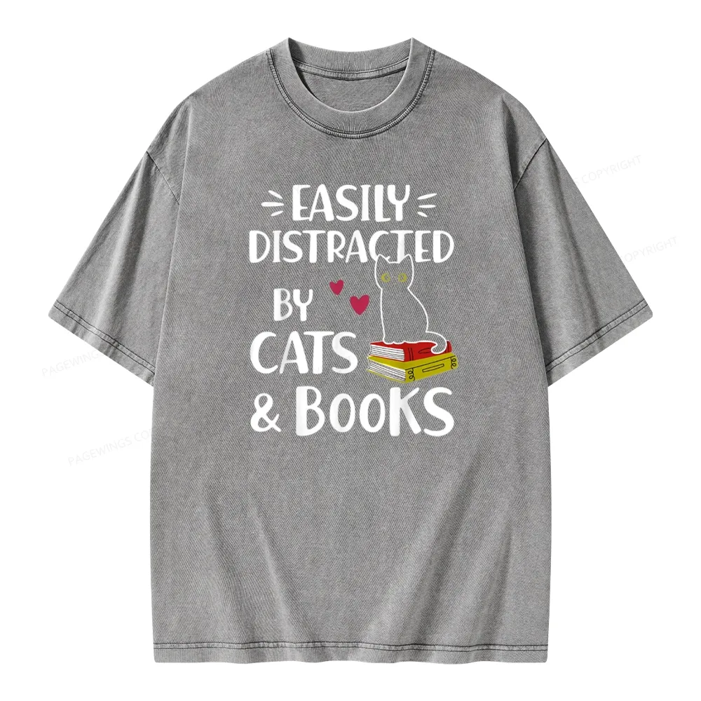 Pagewings Easily Distracted By Cats And Books Unisex Washed T-shirt