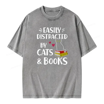 Pagewings Easily Distracted By Cats And Books Unisex Washed T-shirt