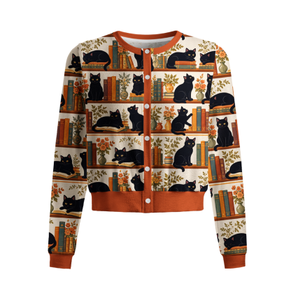 Pagewings Cat Book Lover Crew Neck Cardigan Sweaters