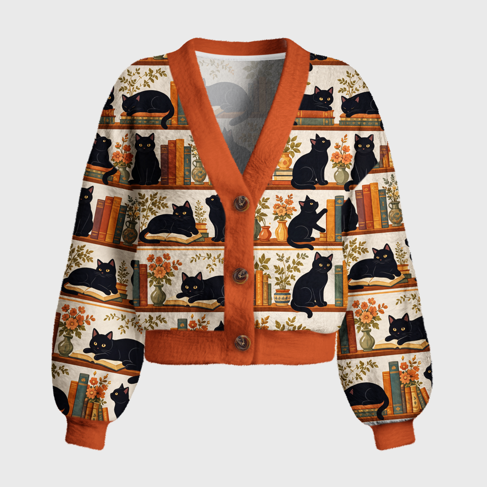 Pagewings Cat Book Lover Women's Cardigan Sweater