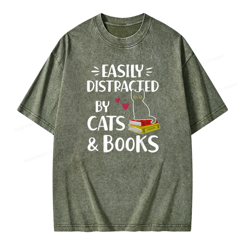 Pagewings Easily Distracted By Cats And Books Unisex Washed T-shirt