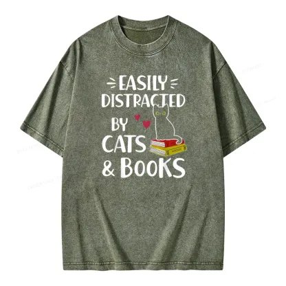 Pagewings Easily Distracted By Cats And Books Unisex Washed T-shirt