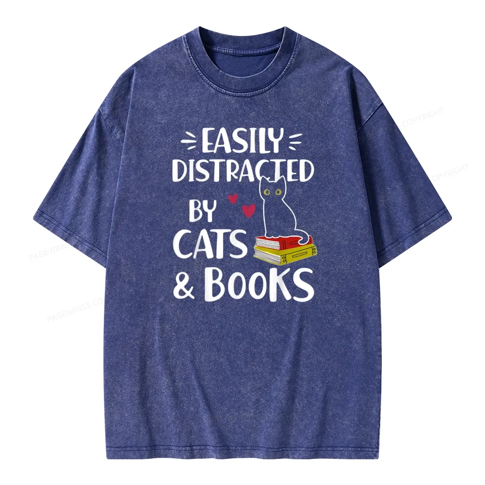 Pagewings Easily Distracted By Cats And Books Unisex Washed T-shirt