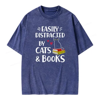 Pagewings Easily Distracted By Cats And Books Unisex Washed T-shirt