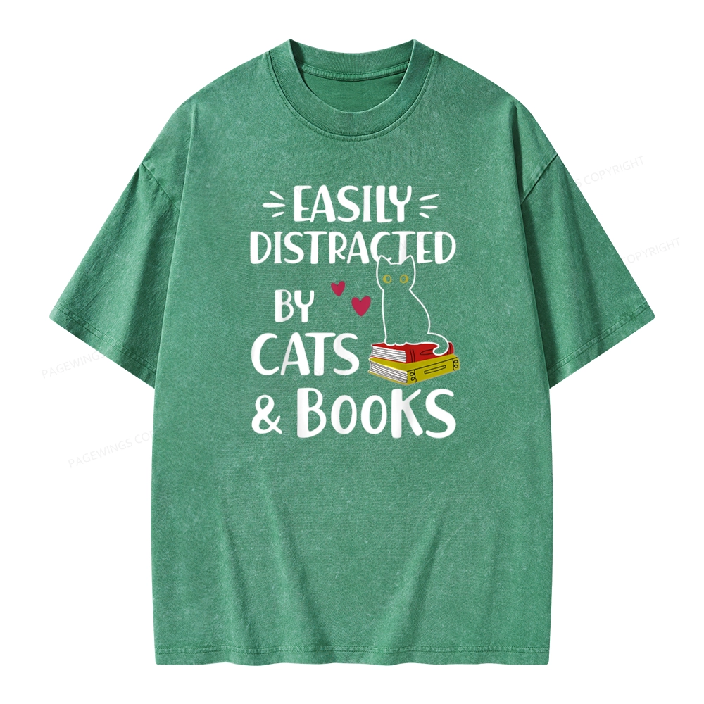 Pagewings Easily Distracted By Cats And Books Unisex Washed T-shirt