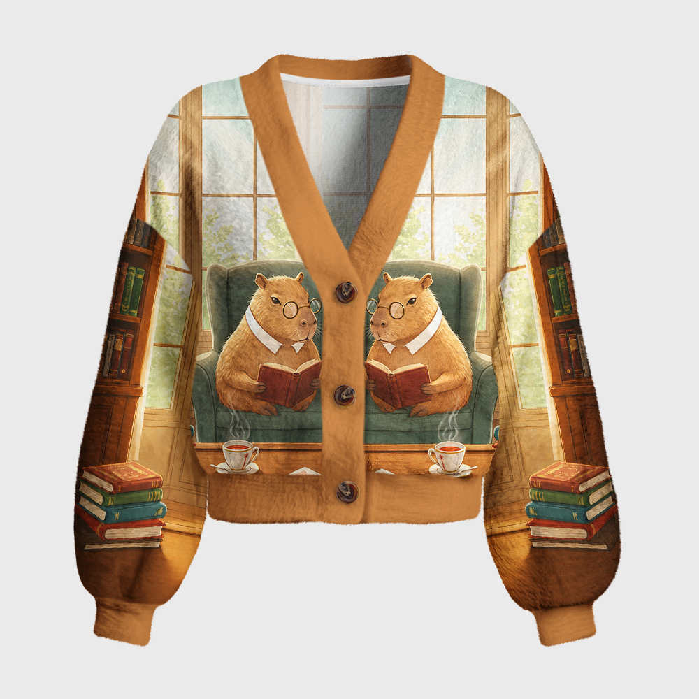 Pagewings Capybara Reading Women's Cardigan Sweater