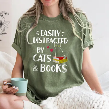 Pagewings Easily Distracted By Cats And Books Unisex Washed T-shirt