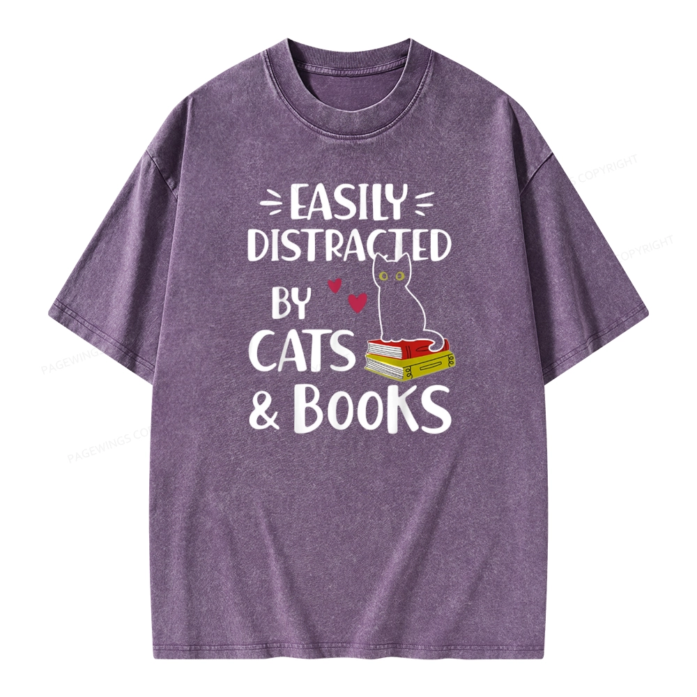 Pagewings Easily Distracted By Cats And Books Unisex Washed T-shirt