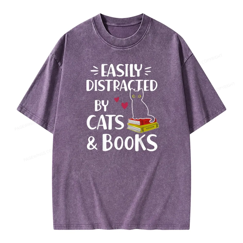Pagewings Easily Distracted By Cats And Books Unisex Washed T-shirt