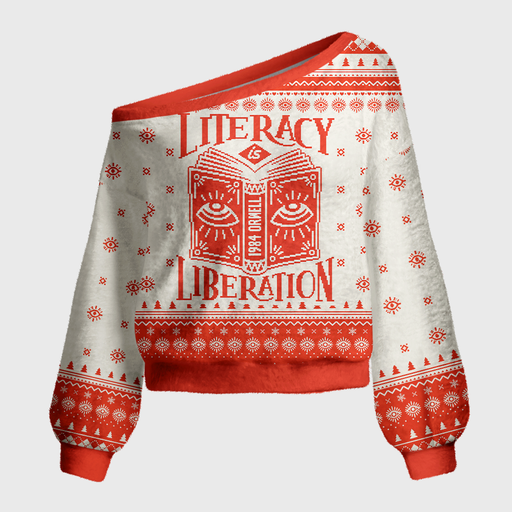 Pagewings Dystopian Book Lovers Off Shoulder Ugly Knit Sweater