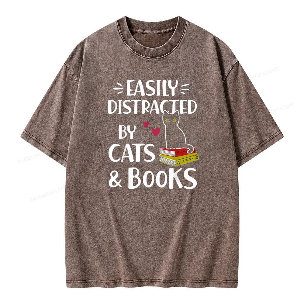 Pagewings Easily Distracted By Cats And Books Unisex Washed T-shirt