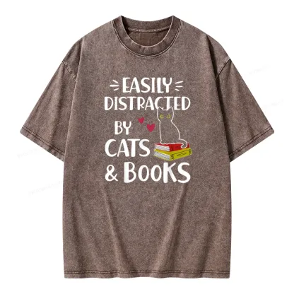 Pagewings Easily Distracted By Cats And Books Unisex Washed T-shirt